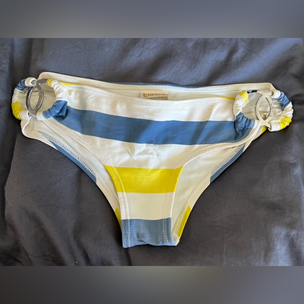 L-space brand blue, white and yellow striped swim bikini bottoms. Size XS.
